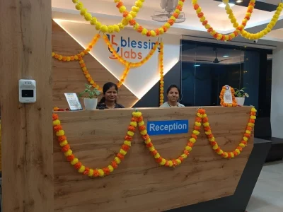 Reception desk decorated at Blessing Labs